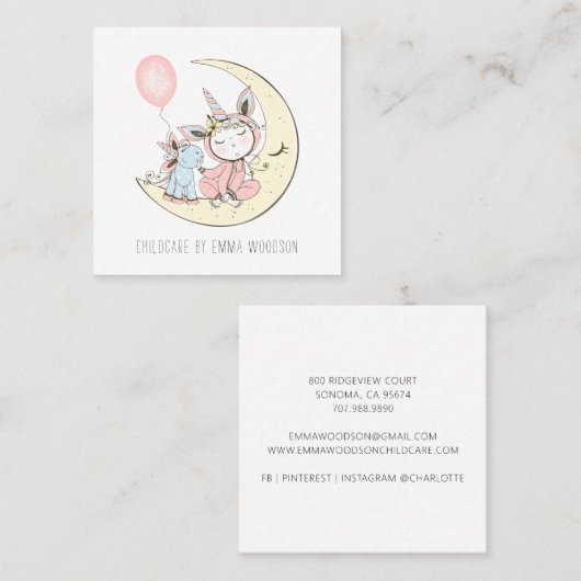 託児ユニコーンとムーンビジネスカード スクエア名刺 (正面/裏面)