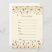 記入可能なパーティー招待状 コンフェッティ ゴールド ネイビー ワインレッド 招待状 (正面/裏面)