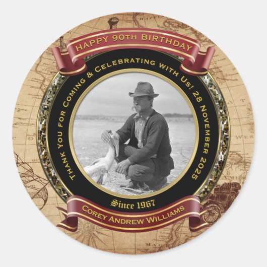 記念すべき誕生日 ゴールド フォト ヴィンテージ マップ 90歳 ラウンドシール (正面)