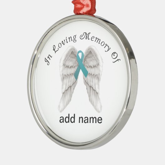 記念のクリスマスのオーナメントのティール（緑がかった色）の卵巣癌 メタルオーナメント (左)