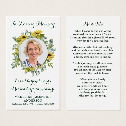記念ひまわり葬式祈りの言葉カード（写真付） (正面&裏面)