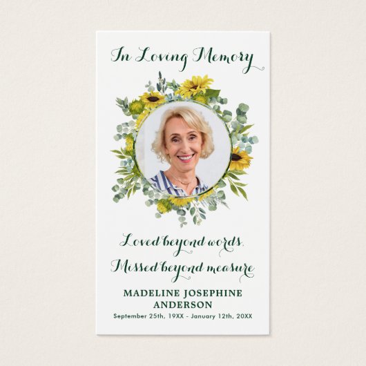 記念ひまわり葬式祈りの言葉カード（写真付） (正面)
