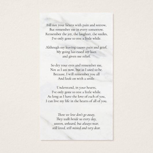 記念エレガント葬儀写真大理石祈りの言葉カード (裏面)