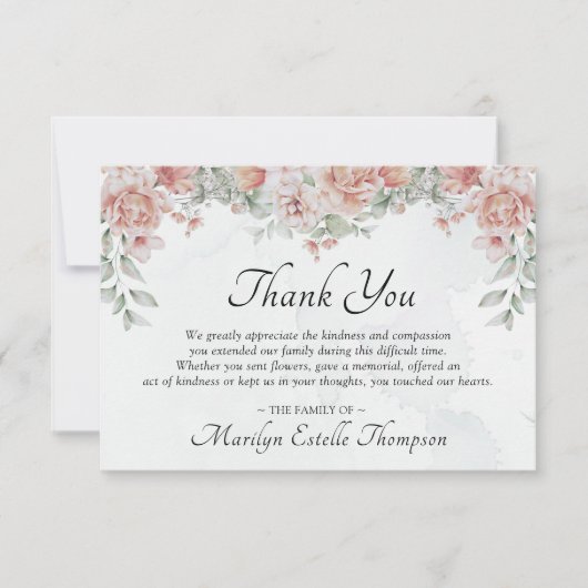記念エレガント葬式ピンクフローラ水彩 サンキューカード (正面)