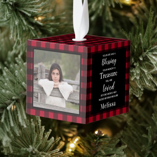 記念カスタム3フォトレッドバッファロープレイド記念像 キューブオーナメント (ツリー)