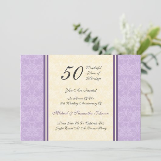 記念パーティー第50の紫色のダマスク織の招待状 招待状 (スタンド正面)