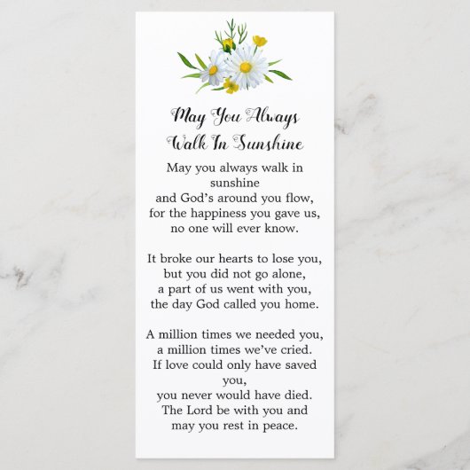 記念モダン写真フローラ葬儀祈りの言葉カード (裏面)