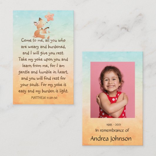 記念写真祈りの言葉かわいい小さなキツネ動物の子 名刺 (正面/裏面)