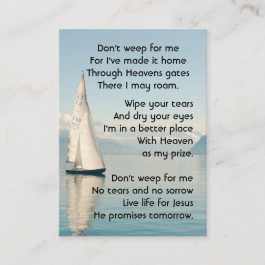 記念写真祈りの言葉セーラーセーリングセーリングボート 名刺 (正面)