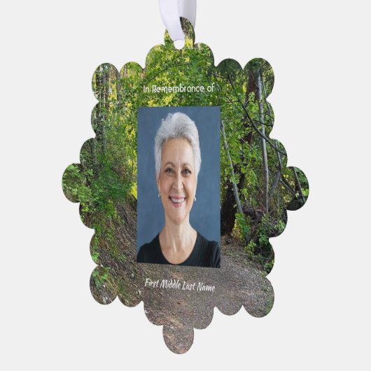 記念写真祈りの言葉歩道トレイル森林樹 オーナメントカード (左)