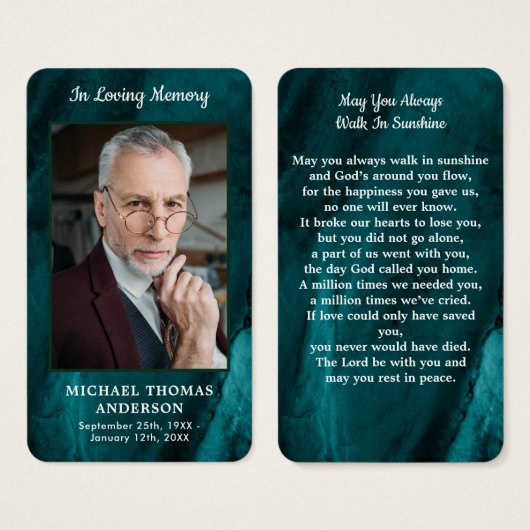 記念写真葬式エメラルドグリーン祈りの言葉カード (正面&裏面)