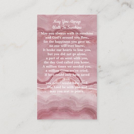 記念写真葬式祈りの言葉カードバラ石英 コーリングカード (裏面)