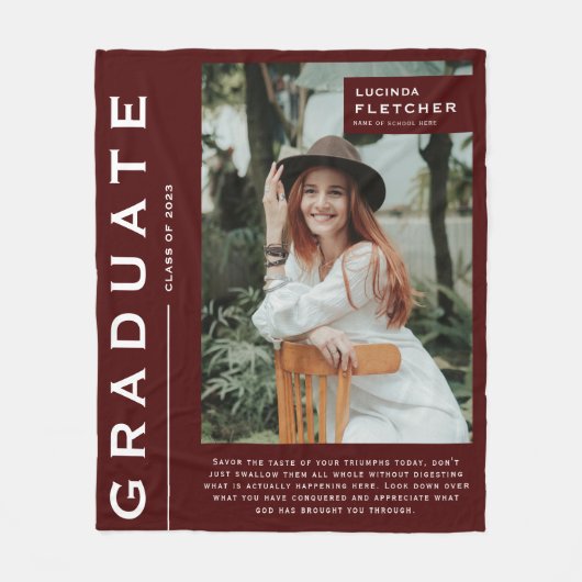 記念写真&引用文卒業式ギフトバーガンディ フリースブランケット (正面)