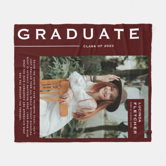 記念写真&引用文卒業式ギフトバーガンディ フリースブランケット (正面(横))