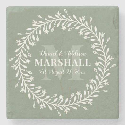 記念品 新婚夫婦 緑の花輪 モノグラム ストーンコースター (正面)