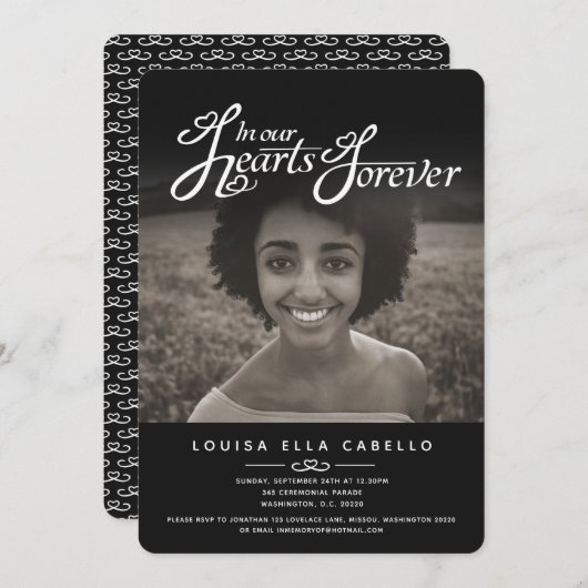 記念撮影ハートの写真葬儀ブラック招待状 招待状 (正面/裏面)