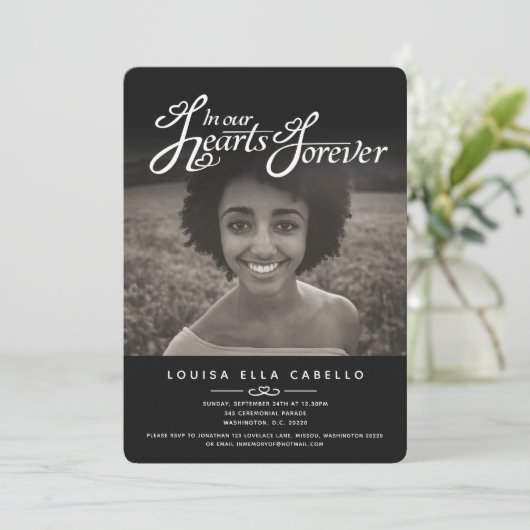記念撮影ハートの写真葬儀ブラック招待状 招待状 (スタンド正面)