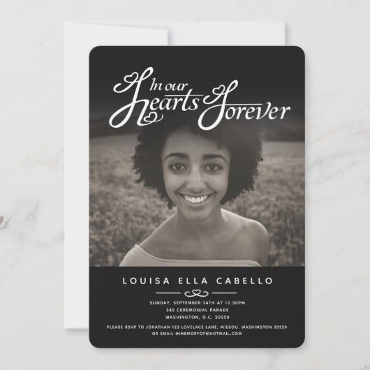 記念撮影ハートの写真葬儀ブラック招待状 招待状 (正面)