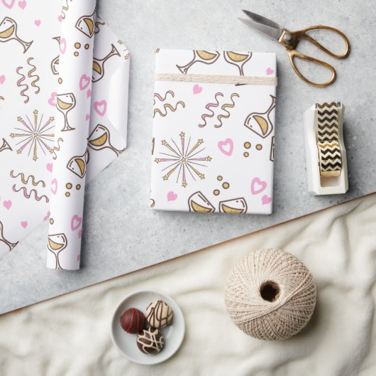 記念日お祝いパターンピンク/金ゴールドID723 ラッピングペーパー (クラフト)