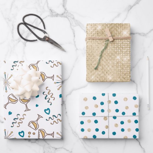 記念日お祝いパターン青/金ゴールドID723 ラッピングペーパーシート (正面)