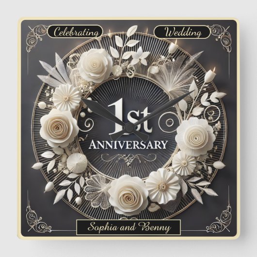 記念日におすすめの優雅なペーパーアート スクエア壁時計 (正面)