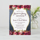 記念日のディナー ワインレッド フラワー ネイビーブルー 招待状 (スタンド正面)