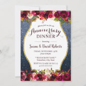 記念日のディナー ワインレッド 花柄 ネイビーブルー 招待状 (正面)