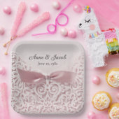 記念日のレースにピンクサテンボウ ペーパープレート (パーティー)