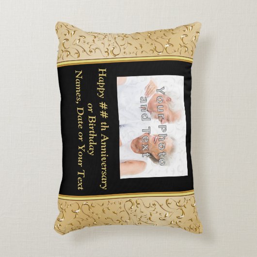 記念日の写真のギフトの黒および金ゴールドの枕 アクセントクッション (正面(垂直))