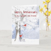 記念日の夫と友人の(鳥)ショウジョウコウカンチョウバード カード (黄色い花)