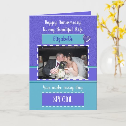 記念日の美しい妻パープルターコイズ写真 カード (黄色い花)