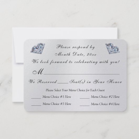 記念日または結婚式の出欠確認カード(食事の選択付き) 招待状 (裏面)