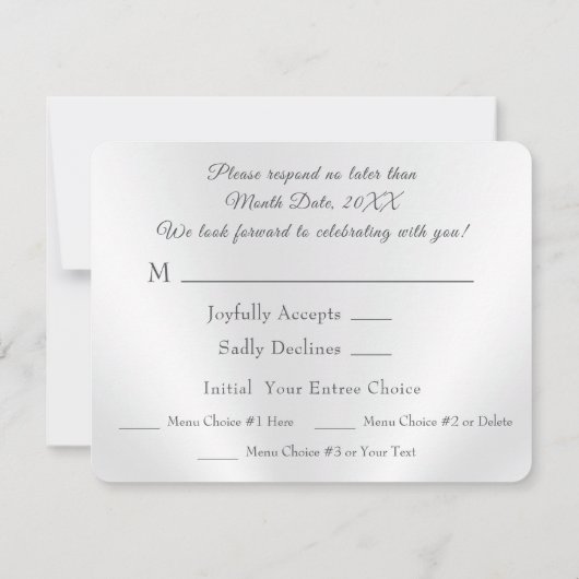 記念日または結婚式RSVPと食事の選択肢 招待状 (裏面)