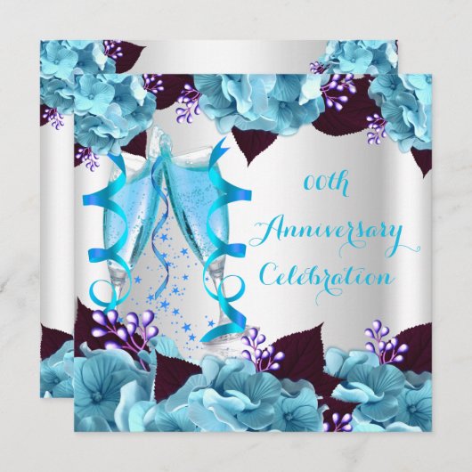 記念日エレガントパーティーティール（緑がかった色）ブルーパープル 招待状 (正面/裏面)