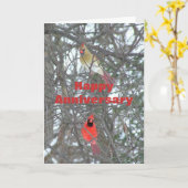 記念日カード、"オスおよびメスの（鳥）ショウジョウコウカンチョウ" カード (黄色い花)