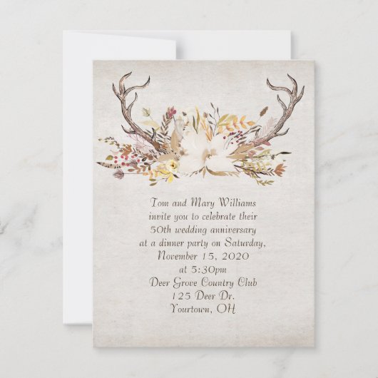 記念日ディナー秋のブーケと鹿の〔雄ジカの〕枝角 招待状 (正面)