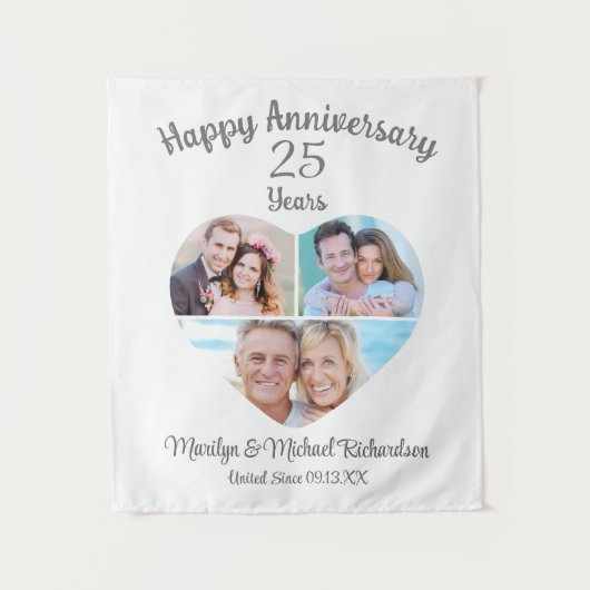 記念日ハート3フォトコラージュカスタムカラー タペストリー (正面)