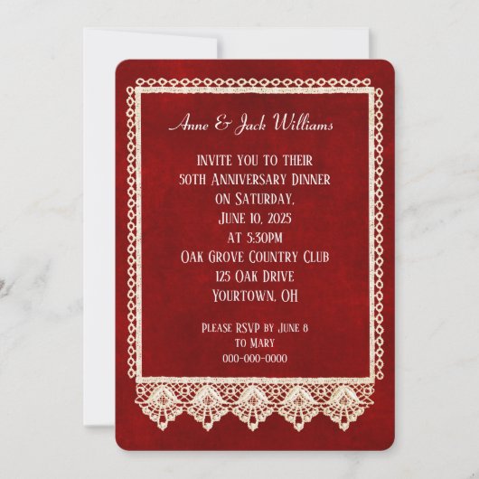 記念日パーティーの赤いレースフレーム 招待状 (正面)
