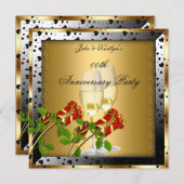 記念日パーティー金ゴールドレッドローズフローラ 招待状 (正面/裏面)