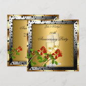 記念日パーティー ゴールド レッド ローズ フラワーリング 招待状 (正面/裏面)