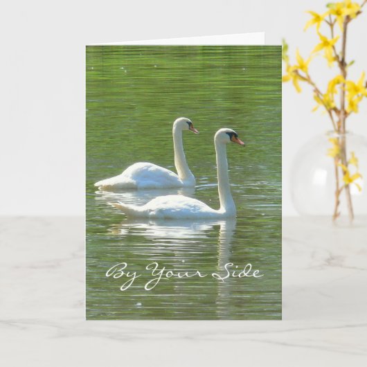 記念日、「おまえの側から」白い白鳥が二羽、 カード (黄色い花)