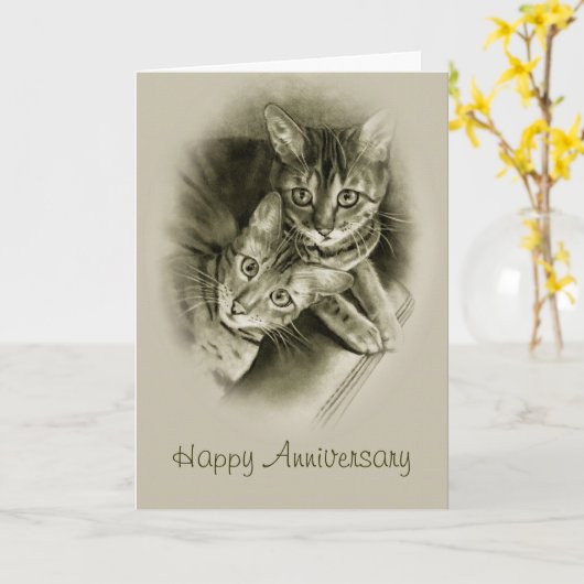 記念日: ベンガル2匹の猫、オリジナルの鉛筆の芸術 カード (黄色い花)