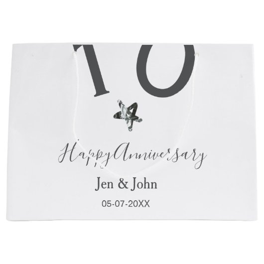 記念日 名前 日付 グレー メタル 星 バースデー 10 周年 ラージペーパーバッグ (正面)