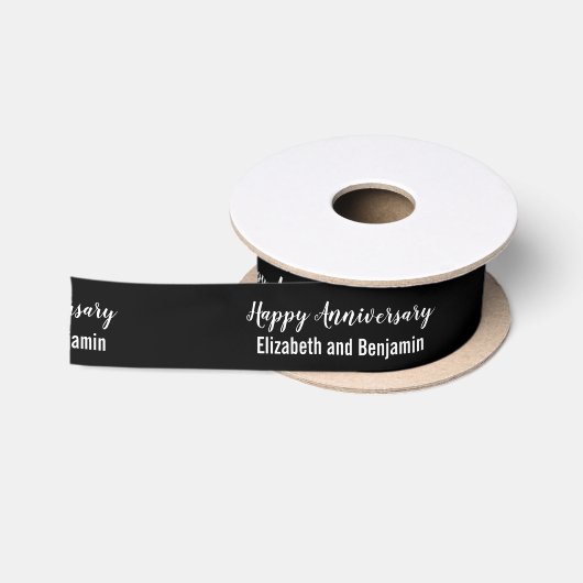 記念日+夫婦の名前 ブラック&ホワイト サテンリボン (リール)
