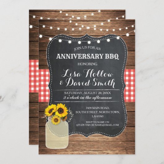 記念日BBQレッドチェックチョークジャーヒマワリ 招待状 (正面/裏面)