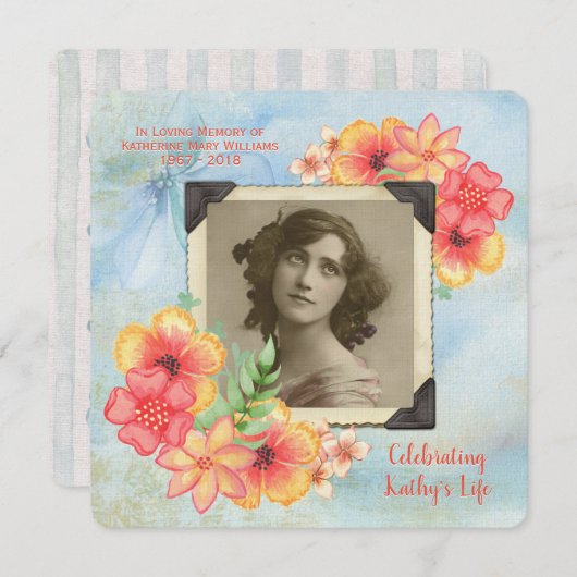 記念物はあなたの写真の水彩画の花を縞で飾ります加えます 招待状 (正面/裏面)