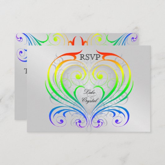 記念祭の虹のハートのRsvpの招待状 出欠カード (正面/裏面)