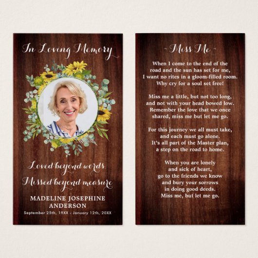 記念素朴ひまわり葬儀祈りの言葉カード (正面&裏面)