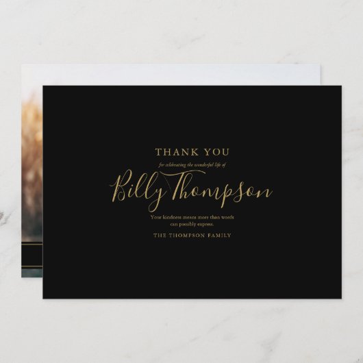記念葬儀写真シンプル金ゴールドスエレガントクリプト サンキューカード (正面/裏面)