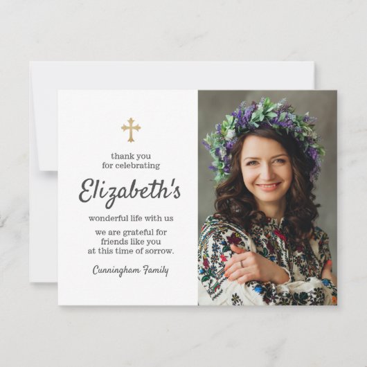 記念葬式金ゴールドクロス華美写真 サンキューカード (正面)